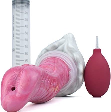 BeHorny Squirting Dildo Sex Toy, Liquid Silicone Alien/Fido Dildo with Suction Cup, Pump & Syringe Included