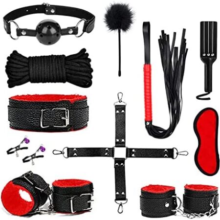 11PCS SM Toys for Couple Sex Bondaged Bed Restraints Tied Down Wrist and Ankle Sex Swing Hanging Sling Adjustable Neck and Leg Cuffs BDSMs Kit Sexy Swing Sex Restraintants Set with Paddle Red
