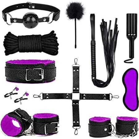 11PCS SM Toys for Couple Sex Bondaged Bed Restraints Tied Down Wrist and Ankle Sex Swing Hanging Sling Adjustable Neck and Leg Cuffs BDSMs Kit Sexy Swing Sex Restraintants Set with Paddle Purple
