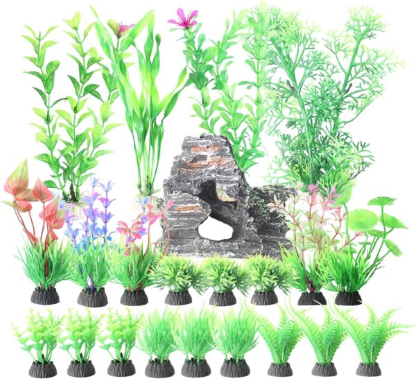 RJMBMUP Fish Tank Decorations，Artificial Plastic Plants with Rockery View Aquarium Ornaments Multicolor Accessories Set for Tropical Goldfish