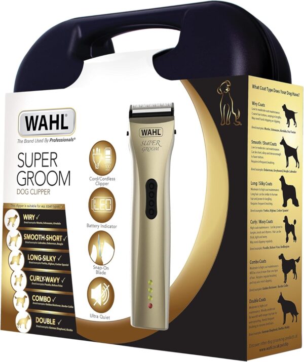 WAHL Dog Clippers, Supergroom Premium Dog Grooming Kit, Full Coat Dog Clippers for All Coat Types, Low Noise Cordless Pet Clippers, Chrome, One Size - Image 6