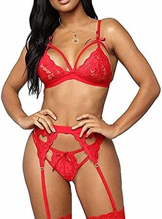 Women 3 Pieces Lace Lingerie Set with Garter Belt, Sexy Bra and Panty Set Suspenders Strappy Nightwear Babydoll, Floral Embroidery Sheer Teddy Sleepwear for Lingerie Party Wedding Night