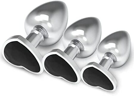 3Pcs Set Anal Butt Plug, Metal Butt Toys Heart Shaped Anal Trainer Stainless Steel Anal Training Kits Gay Anal Plugs Women Men Sex Gifts for Beginners Couples Large/Medium/Small Black