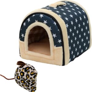 1 piece animal nest (white star on blue background) with 1 stuffed toy, comfortable cave small animal bed, removable large guinea pig bed, pet supplies, detachable small animal bed
