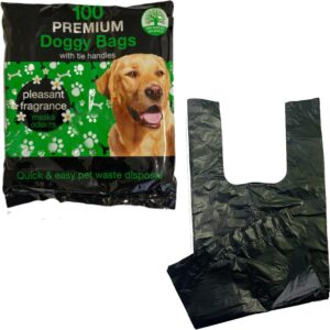 100x Doggy Poo Bags Tie Handles Biodegradable Dog Waste Black Poop Bags Plastic Extra Thick Fragranced Scented Strong 100% Leak Proof Eco-Friendly Cats Puppy Walking Bags Dispenser Pet Supplies