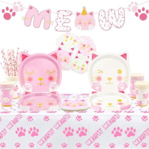 107 PCS Cat Birthday Party Supplies - Kitten MEOW Banner, Cat Paper Plates, Napkins, Cups and Tablecloth for Girl Pet Cat Party Decorations, Serve 20 Guests