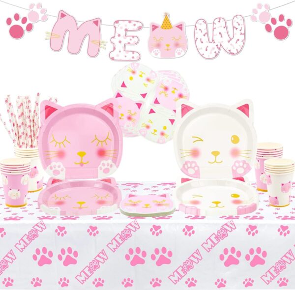 107 PCS Cat Birthday Party Supplies - Kitten MEOW Banner, Cat Paper Plates, Napkins, Cups and Tablecloth for Girl Pet Cat Party Decorations, Serve 20 Guests