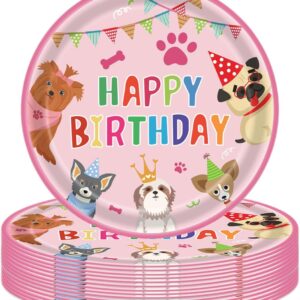 16p Paw Print Puppy Dog Birthday Paper Plates 9" Pink,Girl Dog Birthday Disposable Dinnerwarer Plates,Pet Dog Party Tableware Paper Plates for Girl Puppy Dogs Theme Birthday Party Decorations Supplies