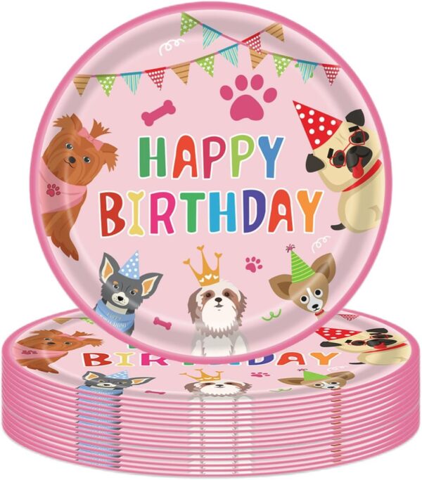 16p Paw Print Puppy Dog Birthday Paper Plates 9" Pink,Girl Dog Birthday Disposable Dinnerwarer Plates,Pet Dog Party Tableware Paper Plates for Girl Puppy Dogs Theme Birthday Party Decorations Supplies