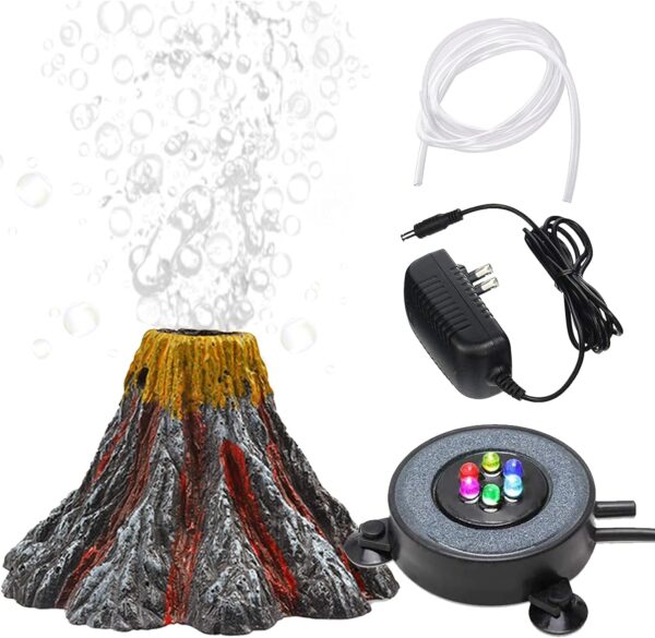 YWNYT Aquarium Volcano Ornament Kit, Multi Colour LED Light Air Stone for Aquariums Air Pump Accessories, Aquarium Bubbler for Aquarium Fish Tank Decoration