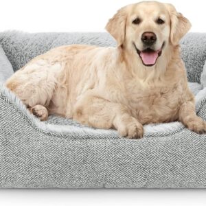 JOEJOY Dog Beds Medium Washable - Cosy Puppy Bed Soft Fleece Plush Calming Dog Bed - Rectangle Breathable Cat Sofa Dog Bed Small | Medium | Large Mattress Mat For Pet, Light Grey