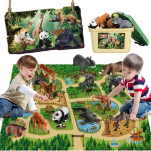 Mini Tudou 12 Pcs Safari Animals Figures Toys w/ 145x98CM Large Activity Play Mat, Realistic Jumbo Jungle Wild Zoo Animals Figurines Playset w/ Elephant, Giraffe, Lion for Kids Toddlers Boys & Girls