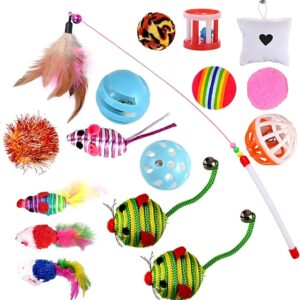 GOLDGE Cat Toys, Kitten Toys for Indoor, 16 Pcs Cat Interactive Toys Includes Cats Catnip, Balls, Mice, Feathers Wand Toys Set Gift for Cat and Kitty