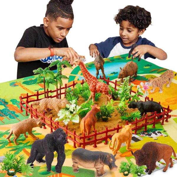 BUYGER Large Size Jungle Wild Animal Figures Toys Set, Realistic Zoo Safari Figure Animal Playset with Play Mat Assemble Puzzle Fence Gift for 3 + Year Old Kids Boy Girl