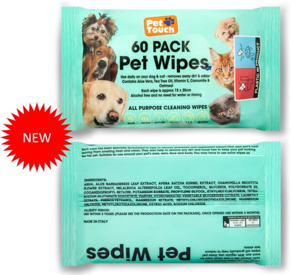 Pet Touch X 60 Pack All Purpose PET WIPES for daily Cleaning of your Dogs and Cats Deodorizing ALCOHOL FREE and WET Moist Dog Paw Cleaner & Dog Ear Cleaner Wipes Pack (120 Wipes) - Image 2