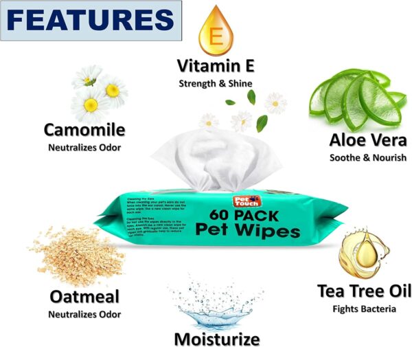 Pet Touch X 60 Pack All Purpose PET WIPES for daily Cleaning of your Dogs and Cats Deodorizing ALCOHOL FREE and WET Moist Dog Paw Cleaner & Dog Ear Cleaner Wipes Pack (120 Wipes) - Image 4