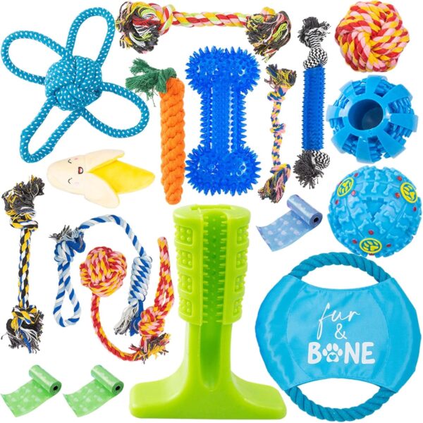 Fur & Bone 18 Pack Dog Chew Toys | Puppy Toys Dog Toys for Boredom | Indestructible Dog Toys with Rope Toys, Squeaky Toy | Dog Toy, Dog Teething Toys for Small & Medium Dogs | Dog