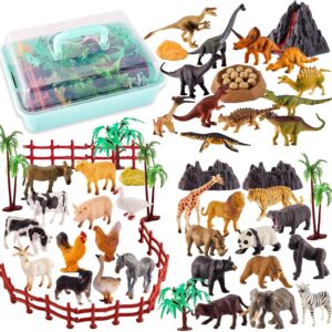 TOEY PLAY 3 in 1 Animals Toys, Farm Animals, Wild Jungle Zoo Animal, Dinosaur Toy, Mini Animal Figures Set with Carry Case, 56PCS, Gifts for Kids Boys Girls 3 4 5 6 Years Old