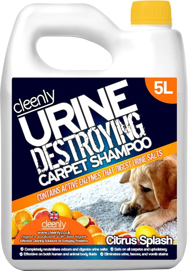 Cleenly Urine Destroying Enzyme Pet Carpet Shampoo Cleaning Detergent (5 Litres) - Digests Urine Salts - Gets Rid of Urine, Vomit, and Faeces Stains