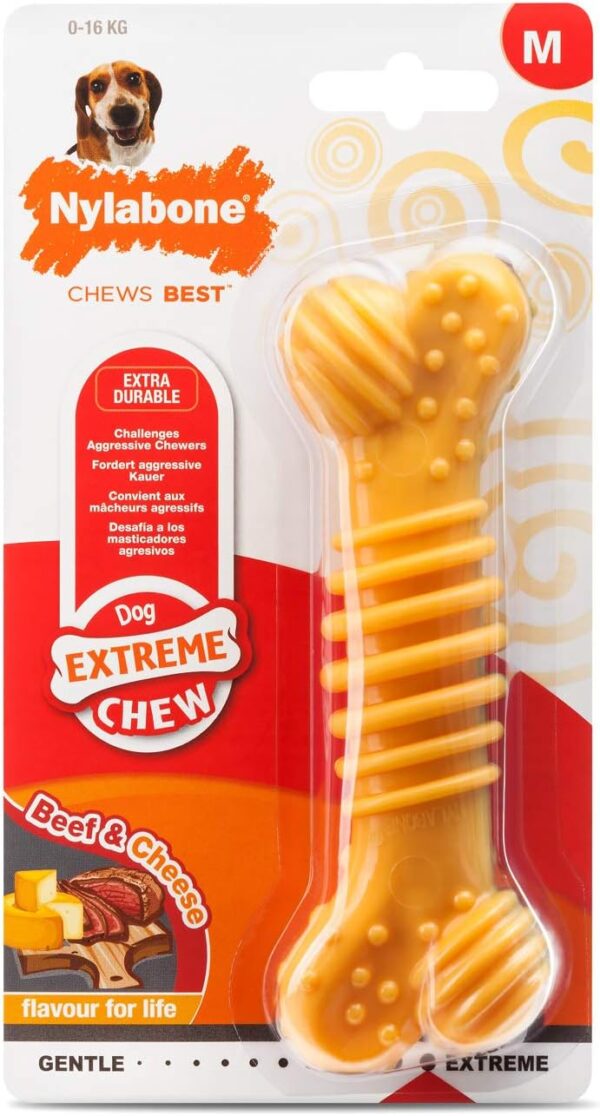 Nylabone Extreme Tough Dog Chew Toy Bone, Durable, Cleans Teeth, Beef & Cheese, Medium, for Dogs Up to 16 kg