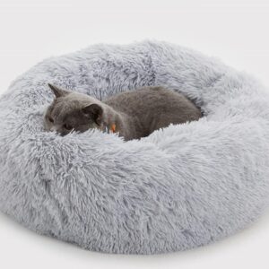 Enjamoy Plush Donut Dog Bed, Calming Round Dog Cat Bed Soft and Fluffy Cuddler Pet Cushion Self-Warming Puppy Beds Machine Washable, Grey 50cm