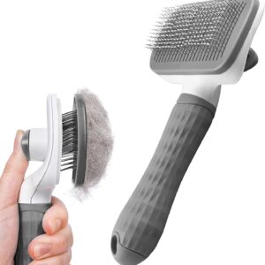 Dog Brush Cat Brush Grooming Comb,Self Cleaning Cat Dog Slicker Brushes with Smooth handle,Pet Grooming Tool with Cleaning Button for Cat Dog Shedding Brush Cat Dog Massage Clean Tangled Brush(Grey)