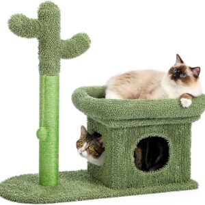 PAWZ Road Cactus Scratching Posts, Creative Scratching Posts, Stylish Cat Tree, with Ball and Cat House H: 70cm/27.6" Green