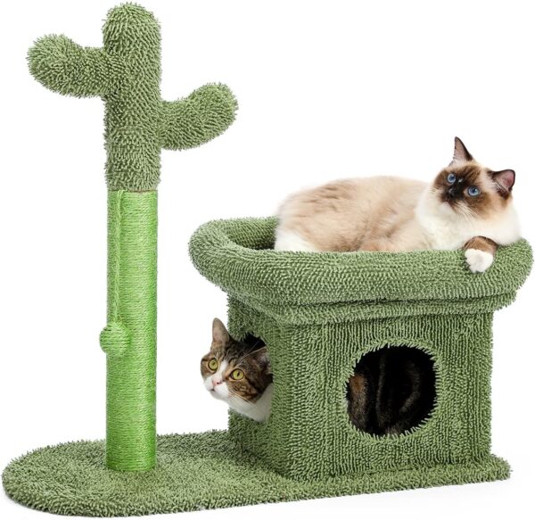 PAWZ Road Cactus Scratching Posts, Creative Scratching Posts, Stylish Cat Tree, with Ball and Cat House H: 70cm/27.6" Green