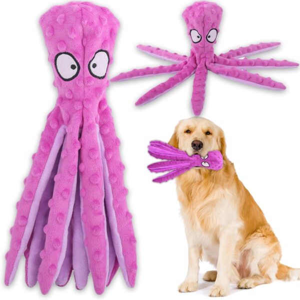 Acehome Squeaky Dog Interactive Play Toy,No Stuffing Octopus Dog Chew Toy with Crinkle Paper for Medium and Large Dog Playing (Purple)