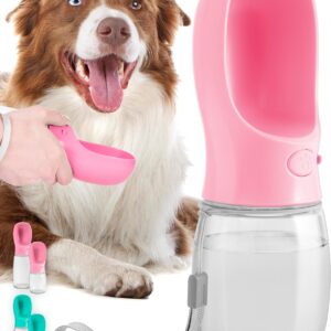 MalsiPree Portable Dog Water Bottle - Leak-Proof Bottles with Dog Bowls - Puppy Accessories Dog Water Dispenser - Drinking Water for Walking, Hiking, Travelling - Food Grade Plastic - 350ml, Pink