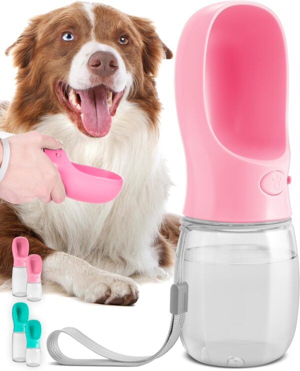 MalsiPree Portable Dog Water Bottle - Leak-Proof Bottles with Dog Bowls - Puppy Accessories Dog Water Dispenser - Drinking Water for Walking, Hiking, Travelling - Food Grade Plastic - 350ml, Pink