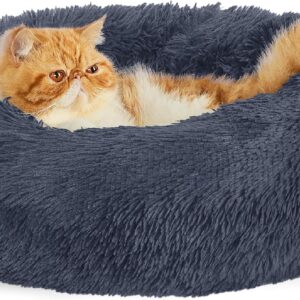 Bedsure Dog Bed Donut Bed - Washable Cat Beds for Indoor Cats Large, Fluffy Calming Kitten Bed for Small Dog and Puppy, Grey, 50x50x16cm