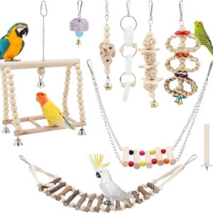 Seahelms 8Pcs Parrot Toys Birds Budgie Cage Toys Cockatiel Bird Chewing Natural Wood Hammock Hanging Bell Bird Cage Swing Toys for Cockatiel, Finches,Small Parakeets, Budgie and Macaws (log)