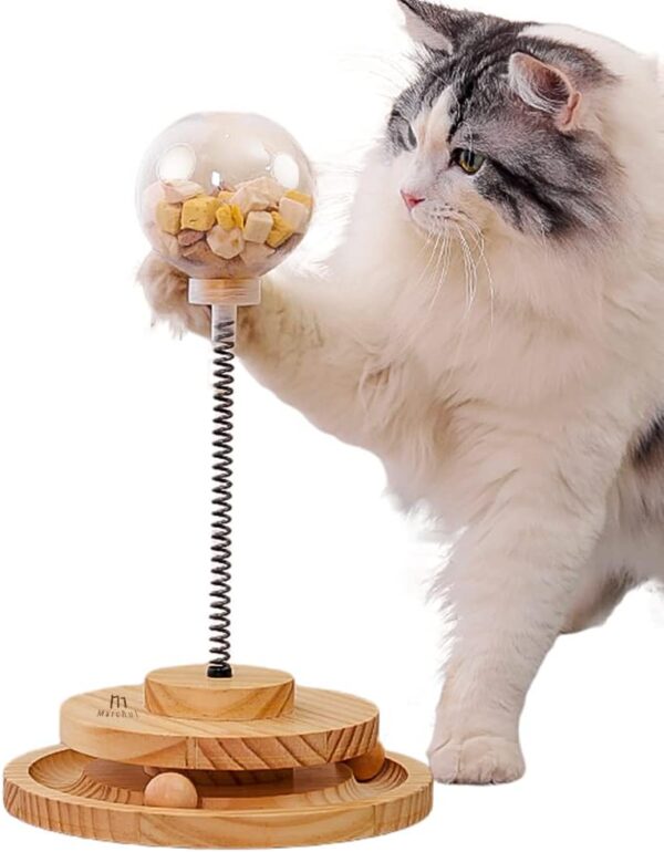 Marchul Cat Toys Interactive for Indoor Cats Kitten Toy, Cat Ball Toy Cat Treat Spring Toy with Circle Ball Track, Wooden Automatic Cat Toy Slow Feeder Treat Ball