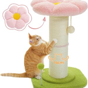 PAWZ Road Flower Cat Scratching Post, Small Cat Tree, Tall Cat Scratcher for Indoor Cats with Super Thick Scratching Post [Dia=14cm], Removable Flower Cat Bed, Cat Scratch Post with Spring Ball, Pink