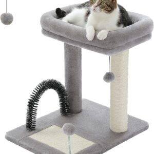 PETEPELA Cat Scratching Post Modern Cat Scratcher with Self Groomer, Scratching Board for Small Medium Size Cats Cat Tree with Plush Perch