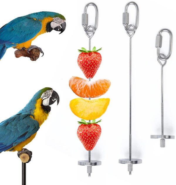 iTGOOS 2Pcs Parrot Skewer Feeder,Stainless Steel Parrot Fruit Stick Holder,Bird Food Holder,Birds Foraging Toy for Parrots Cockatoo Cockatiel Cage