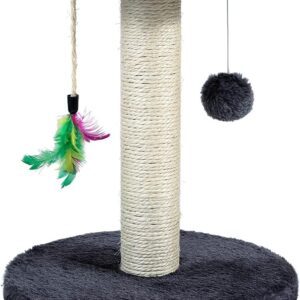 Cat Scratching Post 30cm for Small Kitten with Sisal Rope, Feather & Hanging Toy Ball – Cat Scratcher Board for Cats Indoor Play with Dangling Ball and Covered with Soft Smooth Plush (Grey)