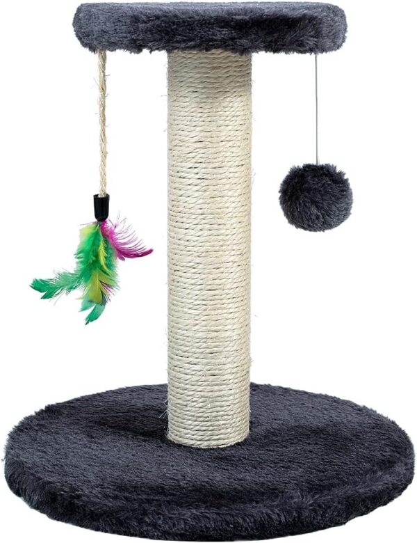 Cat Scratching Post 30cm for Small Kitten with Sisal Rope, Feather & Hanging Toy Ball – Cat Scratcher Board for Cats Indoor Play with Dangling Ball and Covered with Soft Smooth Plush (Grey)