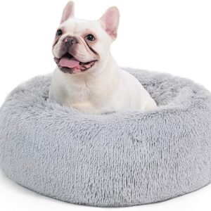 Bedsure Donut Dog Bed Medium - Anti Anxiety Puppy Bed for Small Dogs, Fluffy Calming Large Cat Bed Washable, Light Grey, 60x60x20cm