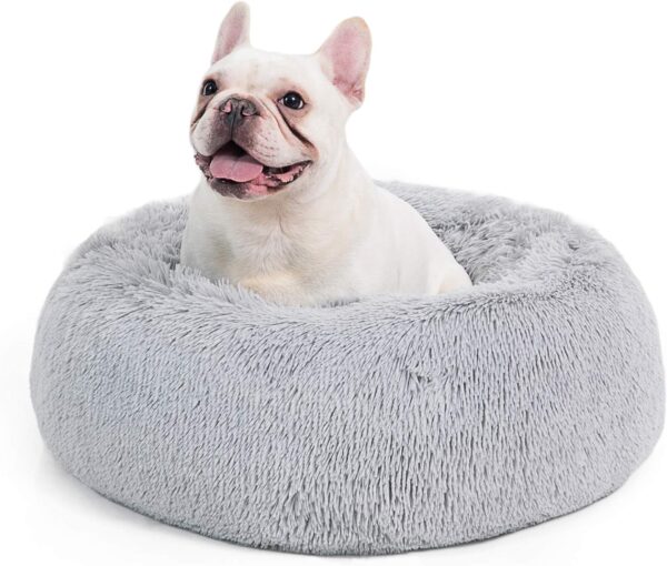 Bedsure Donut Dog Bed Medium - Anti Anxiety Puppy Bed for Small Dogs, Fluffy Calming Large Cat Bed Washable, Light Grey, 60x60x20cm