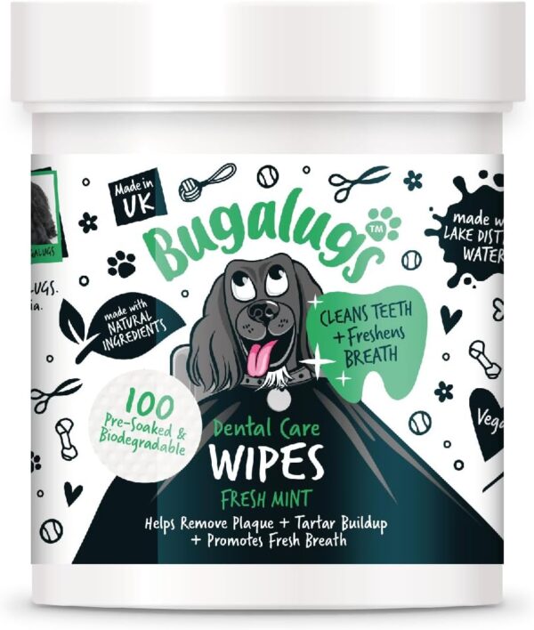 BUGALUGS Dog Breath Freshener Dog Teeth Wipes - Dog Plaque Remover Dog Wipes & tartar remover for teeth. Dog Teeth Cleaning Product No Dog Toothbrush And Toothpaste Brushing Needed (Dog 100 Wipes)