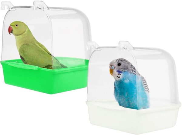 WideSmart 2pcs Bird Bath for Cage,Pet Bird Parrot Bath Box Bird Bathtub Hanging Birdbath Bird Cage Supplies with Hooks Bird Bath Box Bird Cage Accessory for Small Birds Canary Budgies and Parrot