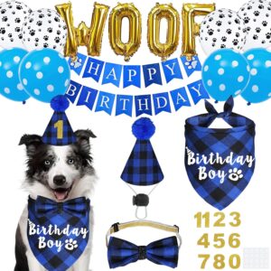 JOTFA Dog Birthday Party Supplies, Plaid Dog Birthday Boy Bandana with Dog Birthday Number Hat Bowtie Paw WOOF Balloons Happy Birthday Banner for Small Medium Large Dogs Pets