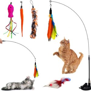 Autoau Cat Toys for Indoor Cats Adult Kitten Interactive Cat Toy Training with 5 Feather Accessories, Cat Feather Toy Suction Cup Pet Teaser Wand Toy for Boredom and Exercise