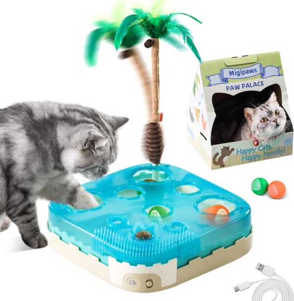 Migipaws Cat Toy,7-in-1 Automatic Interactive Kitten Toys Pack,Rolling Ball,Cat Feather Wand,Catnip Ball,Cat Self Grommer,Cardboard Cat House,Rechargeable,Paw Palace for Indoor Cats