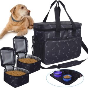 Zwini Dog Travel Bag Washable Storage Supply Tote Thermal Bag with Compartments, Foldable Feeder and Drinker (Black)