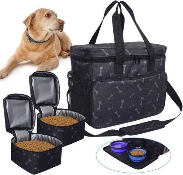 Zwini Dog Travel Bag Washable Storage Supply Tote Thermal Bag with Compartments, Foldable Feeder and Drinker (Black)