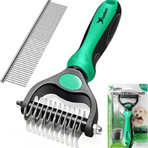 Candure Dematting Comb for Dog and Cat, Pet Grooming Rake and Brushes for Small & Medium Dogs 11+6 Double Sided Blade Deshedding Tool Removes Knots, Undercoat, Mats and Tangled Hair (Green)