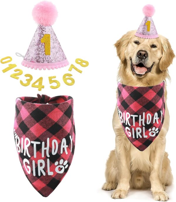 Cobee Dog Birthday Bandana Hat Number Set, 10 Pieces Dog Girl Birthday Party Supplies Pet Bandana Party Bling Hat with 8 Glitter Number for Small Medium Large Dogs